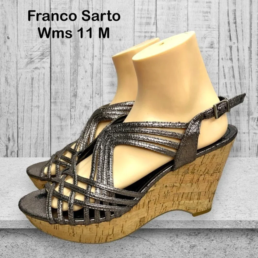 Franco Sarto Womens Flurry Distressed Silver Black 4in Platform Wedge Size 11‎ M